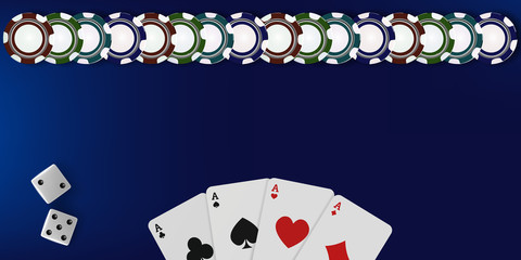 Top view of Casino table background. Poker chips, dice and cards on blue background. Online Vegas casino banner with chips on blue game table and place for text. Gambling 3d vector backdrop concept.