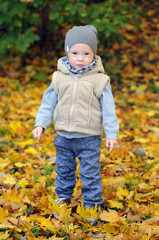 Two years old boy standing on falling autumn leaves