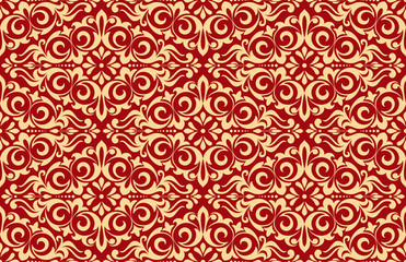 Wallpaper in the style of Baroque. Seamless vector background. Gold and red floral ornament. Graphic pattern for fabric, wallpaper, packaging. Ornate Damask flower ornament