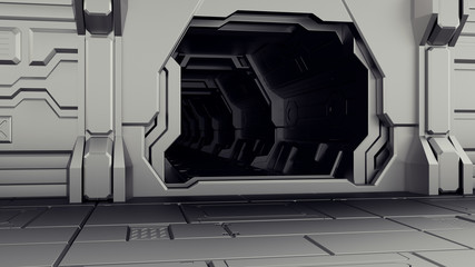 Open hangar door on the spacecraft. Behind the door is a dark tunnel. 3D rendering