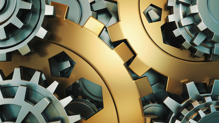 engine gears wheels, closeup view. Place for your inscription. Background mockup 3d illustrations.