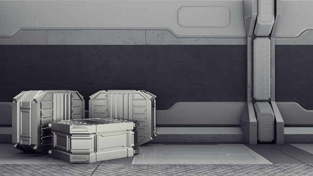 Sci-fi warehouse where containers are stored. Sci-fi warehouse where containers are stored. Armory on a spaceship.