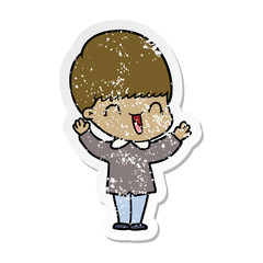 distressed sticker of a happy cartoon boy