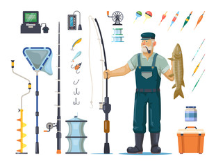Fisherman with fish near pole, rod, hook, tackle © Elegant Solution