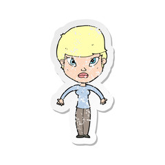 retro distressed sticker of a cartoon woman shrugging shoulders