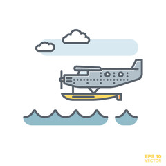 Seaplane flying over water vector illustration