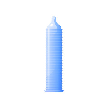 Full sized blue ribbed latex condom isolated on white background