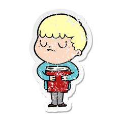 distressed sticker of a cartoon grumpy boy