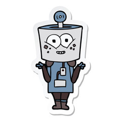 sticker of a happy cartoon robot shrugging shoulders