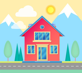 Front View of Small Cottage with Road, Trees, Mountains and Sun.