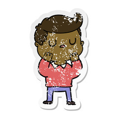 distressed sticker of a cartoon aloof man considering