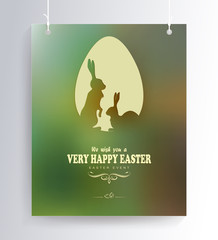 Easter dark composition with a silhouette of an egg and two rabbits,