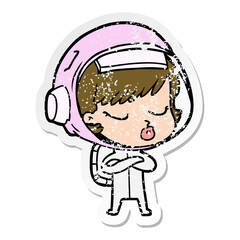 distressed sticker of a cartoon pretty astronaut girl