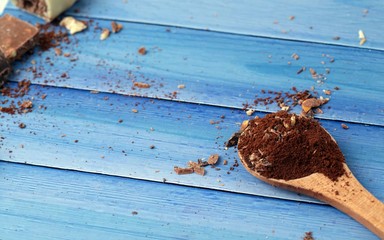 cocoa and milky chocolates on the blue floor