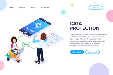 Isometric data protection Concept. Successful access to files by fingerprint. Small people next to a large mobile phone and document. Vector illustration isolated on white background.