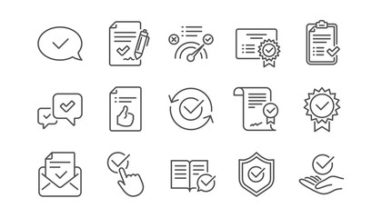 Approve line icons. Checklist, Certificate and Award medal. Thumbs up certified document linear icon set.  Vector