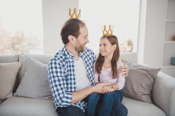 Portrait of his he her she nice lovely sweet attractive cheerful cheery pre-teen girl bearded dad...