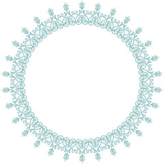 Oriental vector round frame with arabesques and floral elements. Floral border with blue vintage pattern. Greeting card with place for text