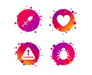 Bug and vaccine syringe injection icons. Heart and caution with exclamation sign symbols. Gradient circle buttons with icons. Random dots design. Vector