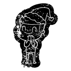 cartoon distressed icon of a friendly man wearing santa hat