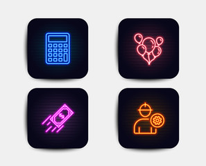 Neon glow lights. Set of Fast payment, Balloons and Calculator icons. Engineer sign. Finance transfer, Air balloons, Accounting device. Worker with cogwheel.  Neon icons. Glowing light banners. Vector