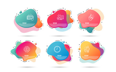 Dynamic timeline set of Time, Jazz and Technical documentation icons. Employee sign. Office clock, Saxophone, Manual. Cogwheel. Gradient banners. Fluid abstract shapes. Vector