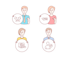 People hand drawn style. Set of Online shopping, Education and Intersection arrows icons. Identity confirmed sign. Black friday, Quick tips, Exchange. Person validated.  Character hold circle button