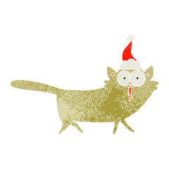 retro cartoon of a cat wearing santa hat