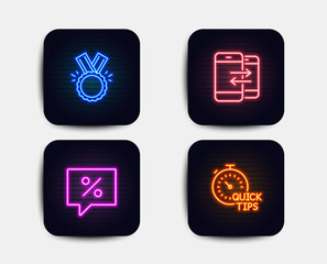 Neon set of Discount message, Phone communication and Honor icons. Quick tips sign. Special offer, Incoming and outgoing calls, Medal. Helpful tricks. Neon icons. Glowing light banners