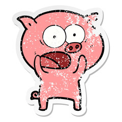 distressed sticker of a cartoon pig shouting