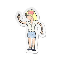 retro distressed sticker of a cartoon woman with clever idea