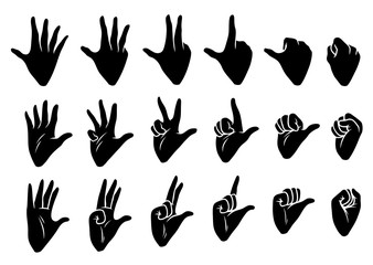 Fototapeta premium Cartoon graphic black silhouette human hands. Showing fingers and knuckles gesture or sign. Isolated on white background. Vector icons set.