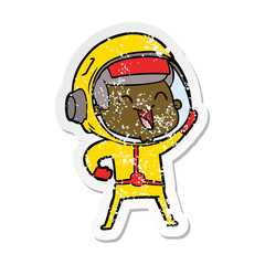 distressed sticker of a happy cartoon astronaut
