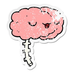 distressed sticker of a happy cartoon brain