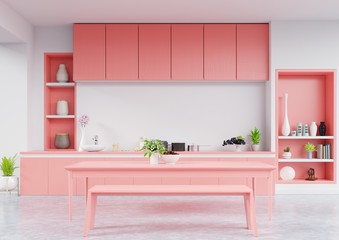 Kitchen interior with living coral color wall ,3d rendering
