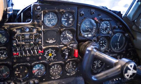Workplace of the pilot of the old Soviet turboprop aircraft AN-24.  The aircraft out of production in 1979.Selective focus.  .