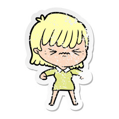 distressed sticker of a annoyed cartoon girl