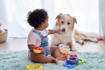 Baby with family dog on the floor