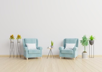 The interior has a armchairs on empty white wall background,3D rendering,3d rendering
