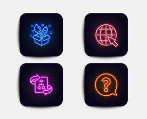 Neon glow lights. Set of Creativity, Internet and Technical algorithm icons. Question mark sign. Design idea, World web, Project doc. Help support.  Neon icons. Glowing light banners. Vector