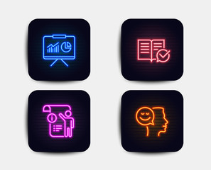 Neon glow lights. Set of Manual doc, Presentation and Approved documentation icons. Good mood sign. Project info, Board with charts, Instruction book. Positive thinking.  Neon icons. Vector
