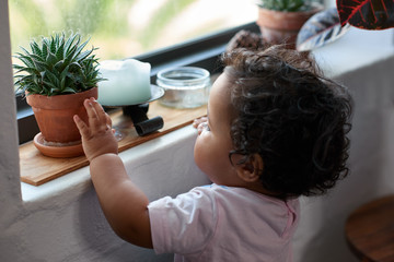Young girl touching plant