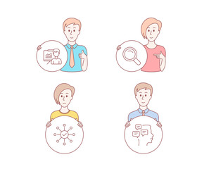 People hand drawn style. Set of Search, Presentation and Survey check icons. Messages sign. Magnifying glass, Education board, Correct answer. Notifications.  Character hold circle button. Vector