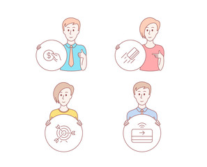 People hand drawn style. Set of Credit card, Target and Payment icons. Contactless payment sign. Targeting, Usd coin.  Character hold circle button. Man with like hand. Vector