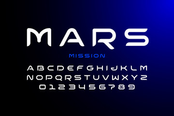 Modern space style typeface, alphabet letters and numbers © piai