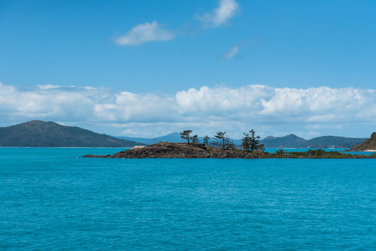 Mini-Insel mit Bäumen im Meer mit bewölktem Himmel