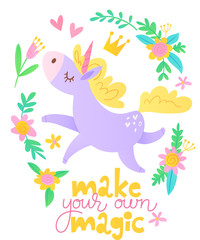Cute vector poster with cartoon unicorn and lettering 