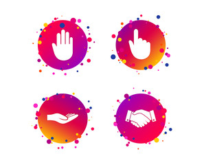 Fototapeta premium Hand icons. Handshake successful business symbol. Click here press sign. Human helping donation hand. Gradient circle buttons with icons. Random dots design. Vector