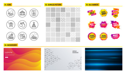 Seamless pattern. Shopping mall banners. Set of Sale, Christmas ball and Surprise package icons. Shopping cart, Christmas tree and Crane claw machine signs. Bumper cars, Carousels and Present symbols