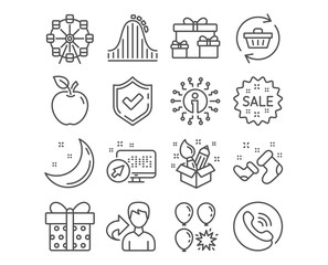 Set of Refresh cart, Sale and Creativity icons. Gift box, Ferris wheel and Surprise boxes signs. Balloon dart, Roller coaster and Santa boots symbols. Online shopping, Shopping star, Design idea
